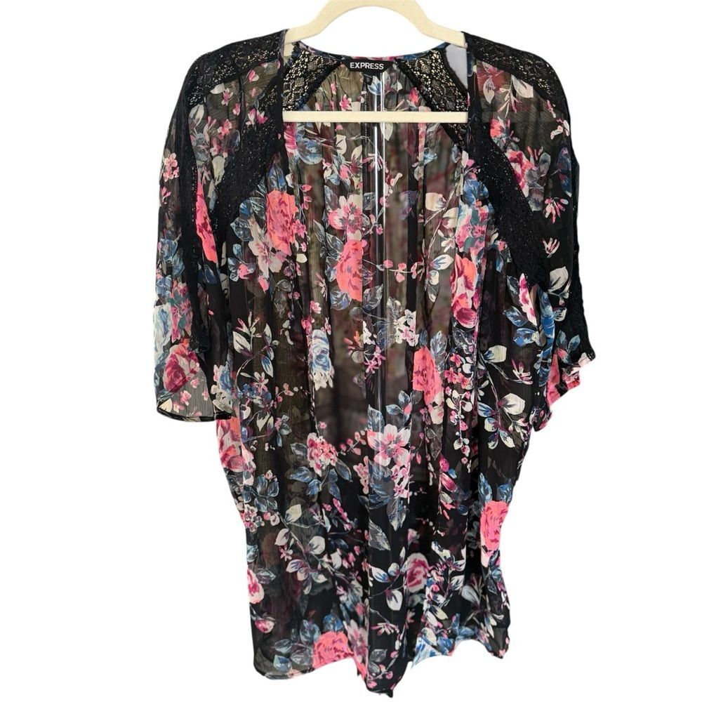 EXPRESS Black Vibrant Pink Floral Kimono Blouse Open Front Sheer Lace Woven Trim